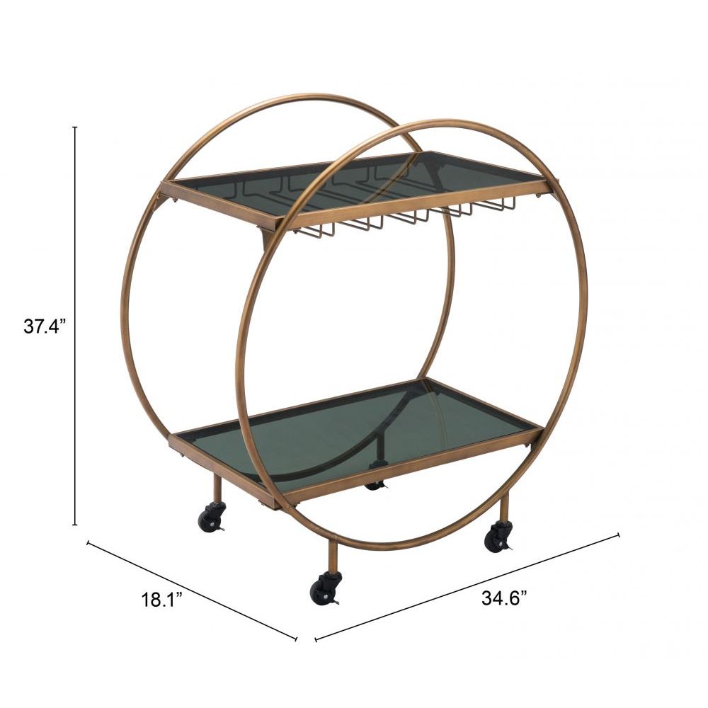 CART ZUO ARC 101501 | Home Bar Cart | Black | Brass | Tinted Tempered Glass | Painted Steel | Inside | Home Bar Accessory Storeage Drink Holder Snacks Modern Table Shelve Shelves
