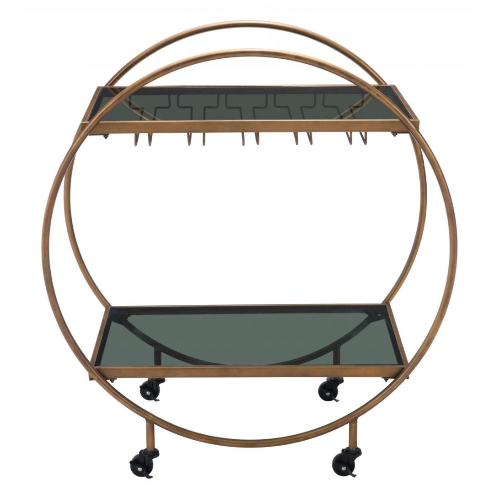 CART ZUO ARC 101501 | Home Bar Cart | Black | Brass | Tinted Tempered Glass | Painted Steel | Inside | Home Bar Accessory Storeage Drink Holder Snacks Modern Table Shelve Shelves
