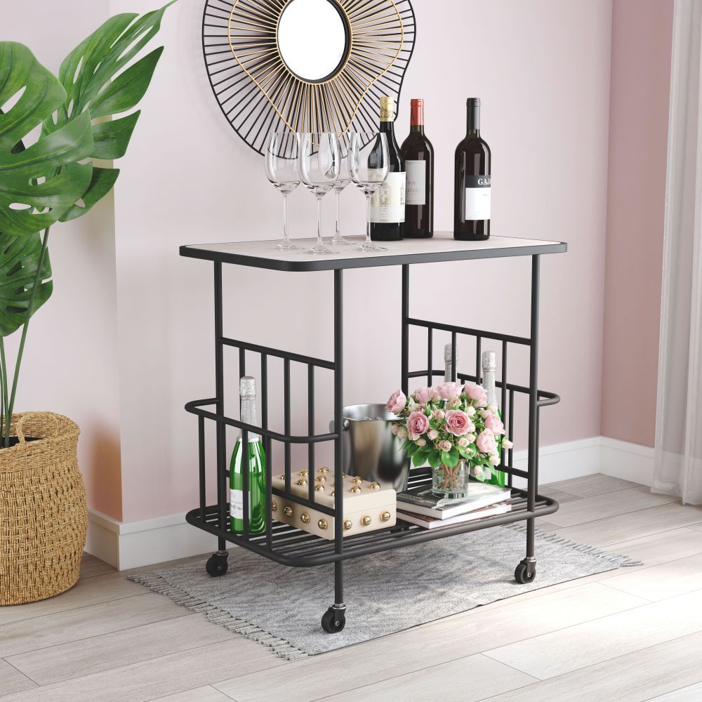 CART ZUO ARGUS 101480 | Home Bar Cart | Black | Ash Veneer MDF | Powder Coated Steel | Inside | Home Bar Accessory Storeage Drink Holder Snacks Modern Table Shelve Shelves Set