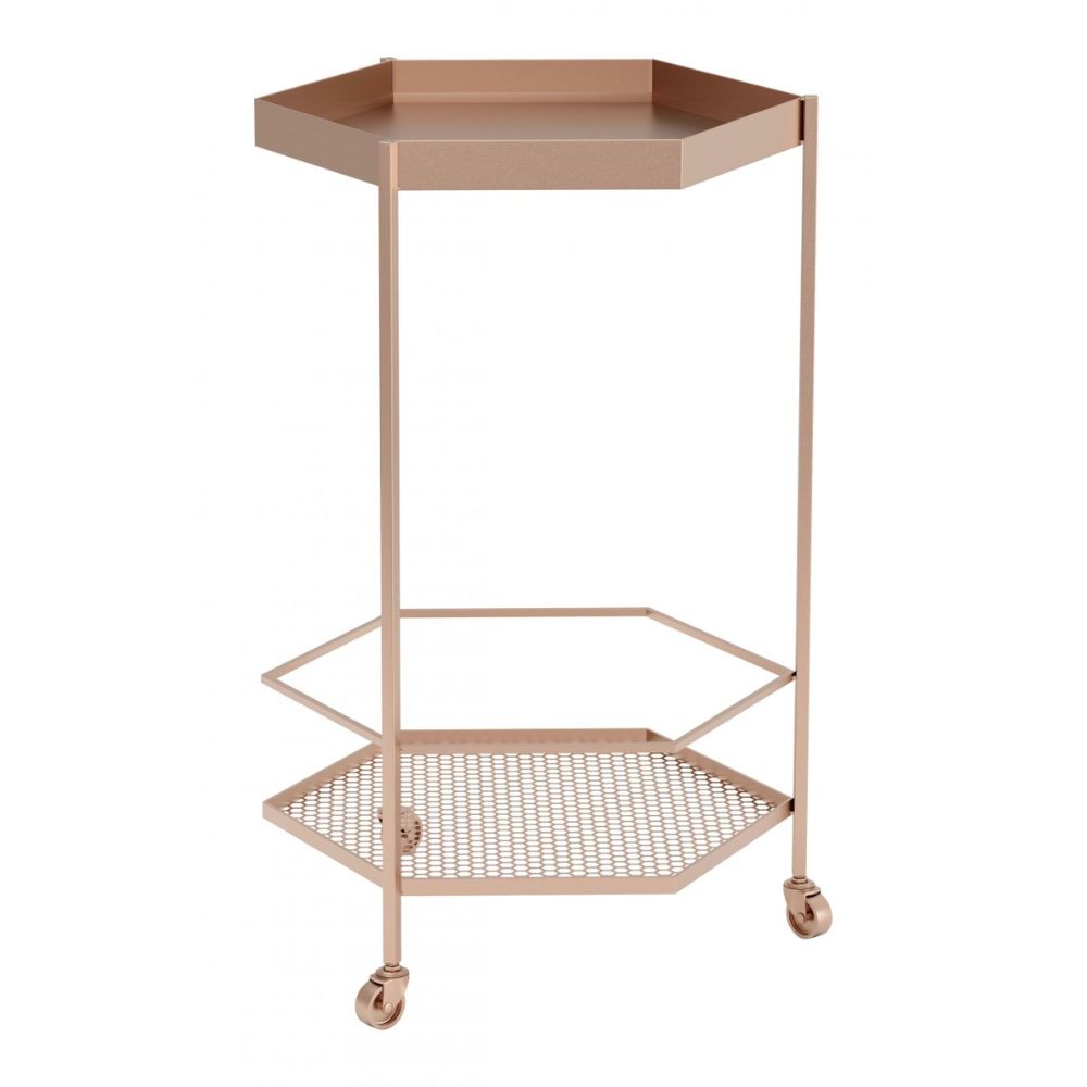 CART ZUO HEX 101478 | Home Bar Cart | Copper Gold | Painted Steel | Inside | Home Bar Accessory Storeage Makeup Holder Vintage Modern Chic Hexagon Shelve Shelves