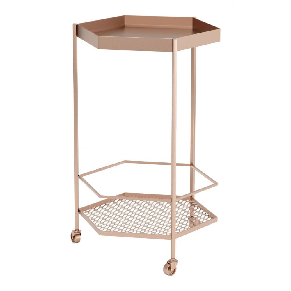 CART ZUO HEX 101478 | Home Bar Cart | Copper Gold | Painted Steel | Inside | Home Bar Accessory Storeage Makeup Holder Vintage Modern Chic Hexagon Shelve Shelves