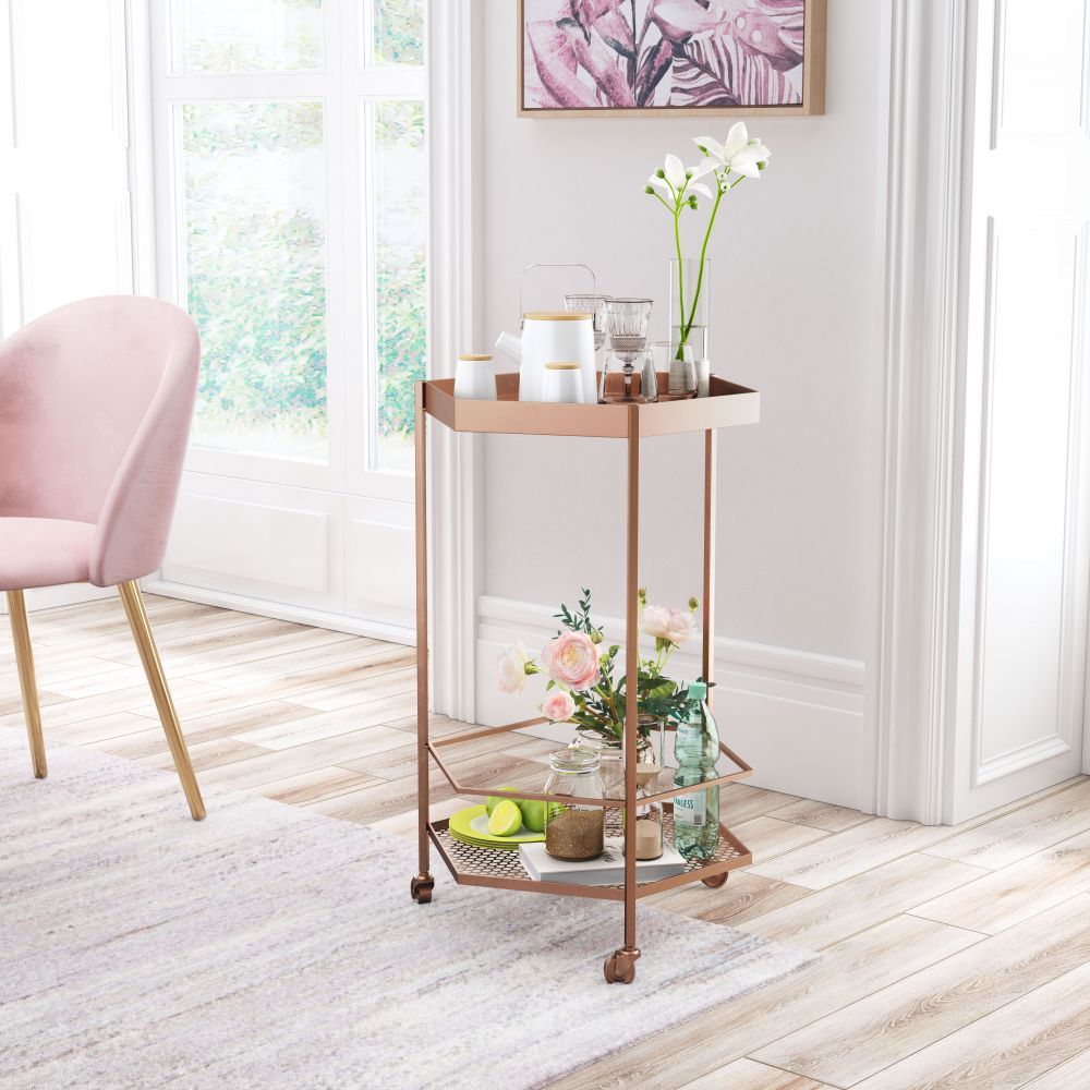 CART ZUO HEX 101478 | Home Bar Cart | Copper Gold | Painted Steel | Inside | Home Bar Accessory Storeage Makeup Holder Vintage Modern Chic Hexagon Shelve Shelves Set