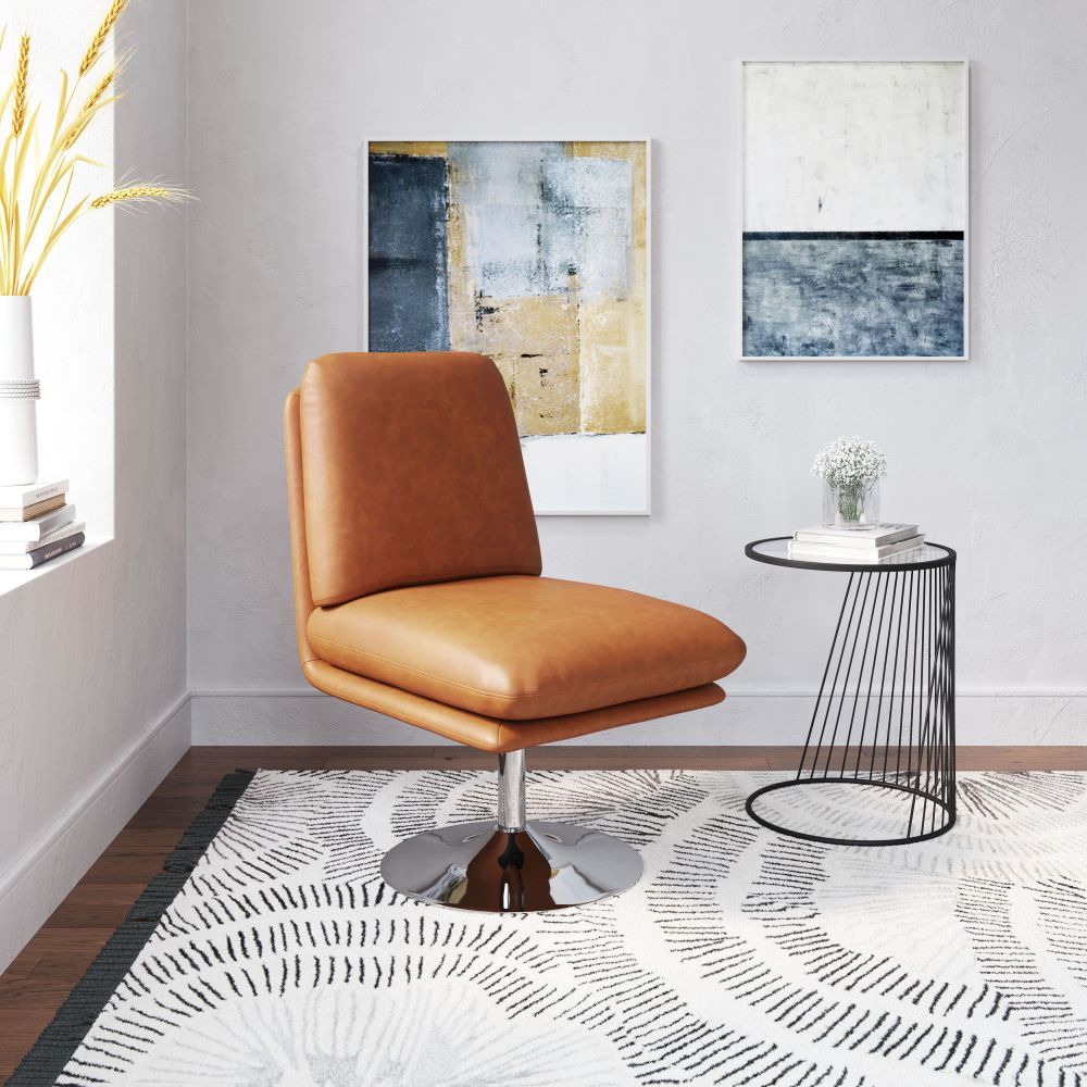 CHAIR ZUO RORY 102055 | Accent Chair | Brown Chrome | 100% Polyurethane | Faux Leather | Inside | Armchair Sofa Recliner Armchair Divan Upholstered Seat Living Room Home Home Waiting Room Office Living Room Set