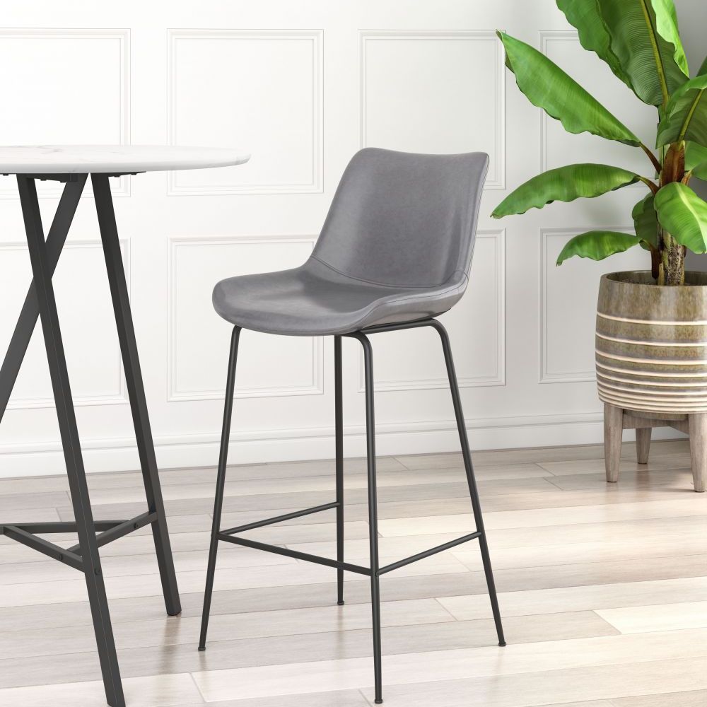 STOOL BYRON ZUO 101772 | Barstool for Kitchen and Dining | Gray Black | 100%Polyurethane | Faux Leathert | Inside | Bar Restaurant Cafetería Food Court Bar Breakfast Kitchen Bistro Office Space Set