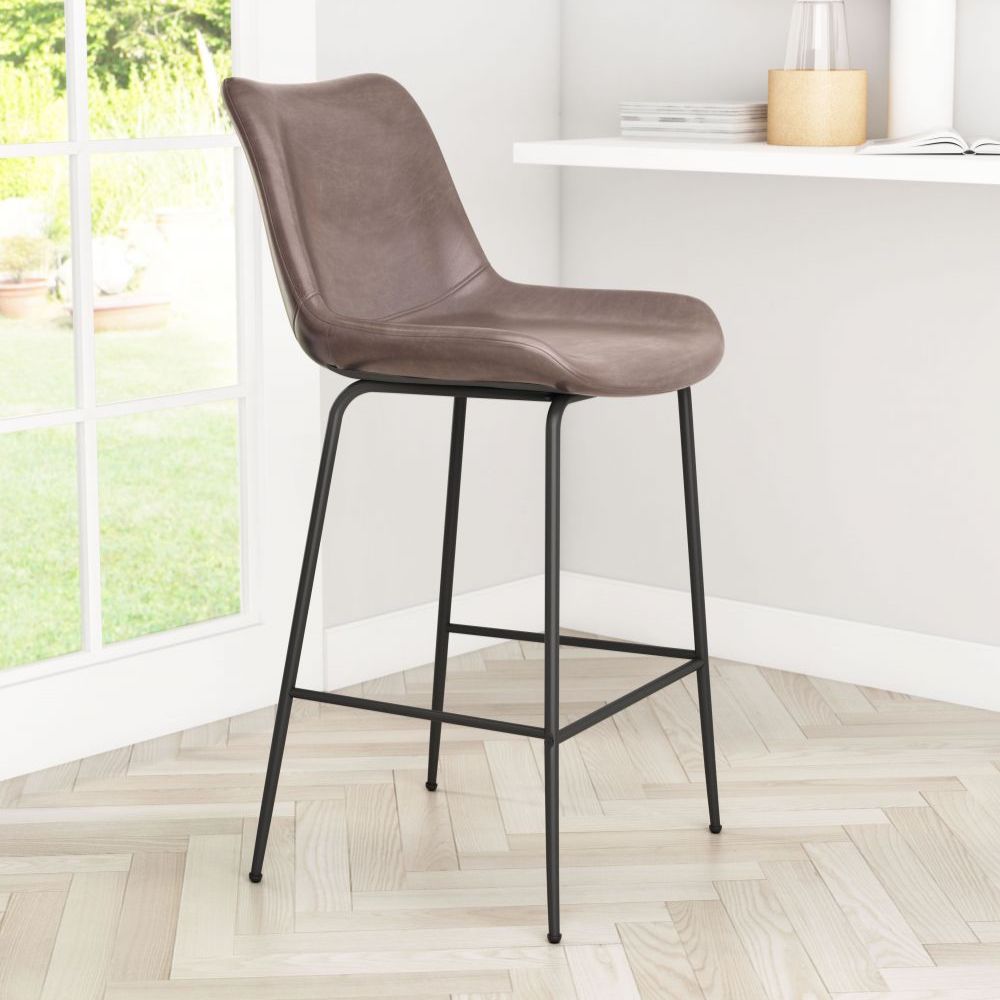 STOOL BYRON ZUO 101774 | Counter Stool for Kitchen and Dining | Brown Black | 100%Polyurethane | Faux Leathert | Inside | Bar Restaurant Cafetería Food Court Bar Breakfast Kitchen Bistro Office Space Set