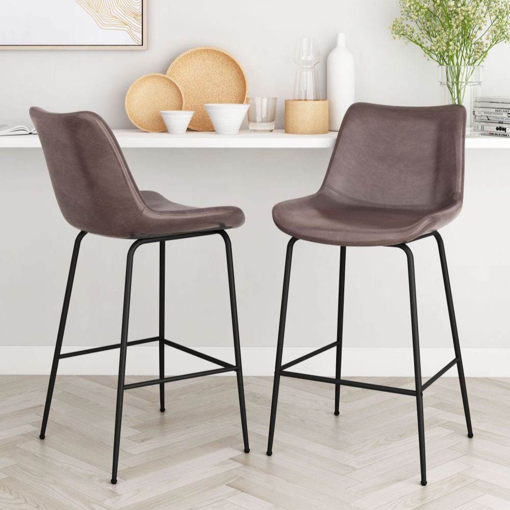 STOOL BYRON ZUO 101774 | Counter Stool for Kitchen and Dining | Brown Black | 100%Polyurethane | Faux Leathert | Inside | Bar Restaurant Cafetería Food Court Bar Breakfast Kitchen Bistro Office Space Set