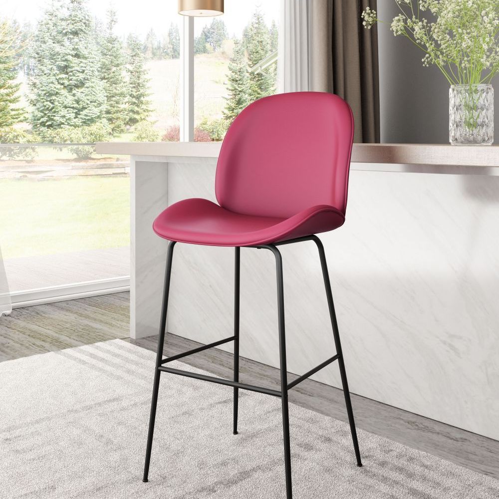 STOOL MILES ZUO 101742 | Barstool | Black Red | 100% Polyurethane | Faux Leather | Inside | Interior Bar Restaurant Cafetería Food Court Bar Breakfast Kitchen Bistro Set