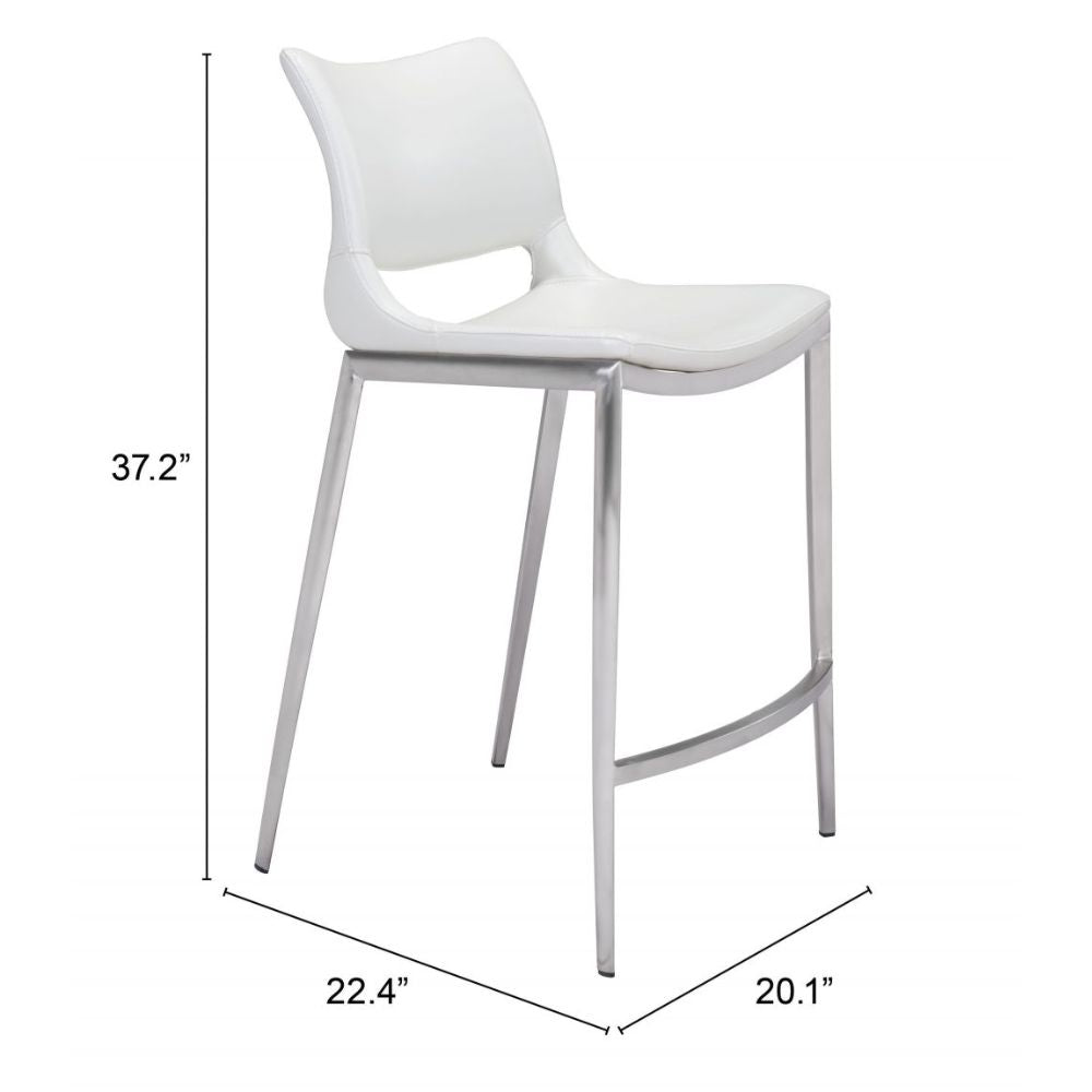 STOOL ZUO ACE 101390 | Counter Stool for Home and Office Space | Silver| White | 100% Polyurethane | Faux Leather | Inside | Bar Restaurant Cafetería Food Court Bar Breakfast Kitchen Bistro Office Space