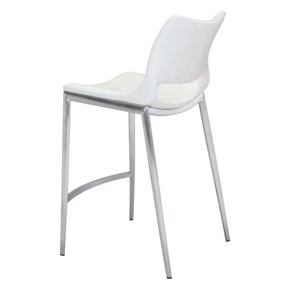 STOOL ZUO ACE 101390 | Counter Stool for Home and Office Space | Silver| White | 100% Polyurethane | Faux Leather | Inside | Bar Restaurant Cafetería Food Court Bar Breakfast Kitchen Bistro Office Space