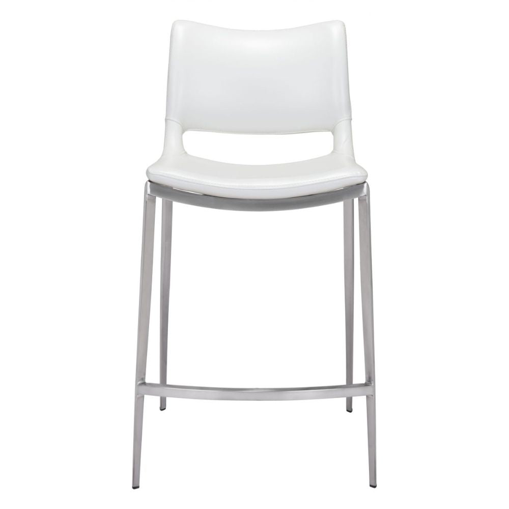 STOOL ZUO ACE 101390 | Counter Stool for Home and Office Space | Silver| White | 100% Polyurethane | Faux Leather | Inside | Bar Restaurant Cafetería Food Court Bar Breakfast Kitchen Bistro Office Space