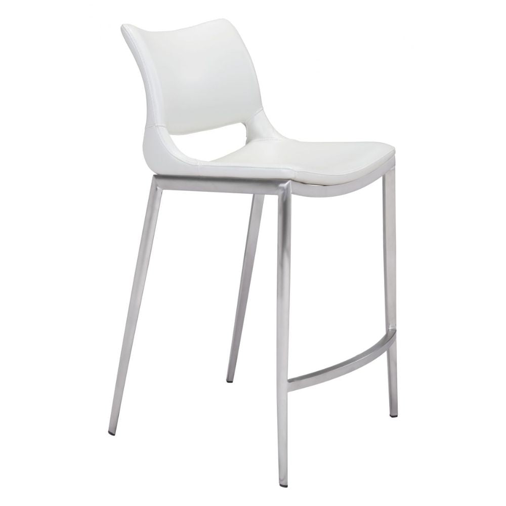STOOL ZUO ACE 101390 | Counter Stool for Home and Office Space | Silver| White | 100% Polyurethane | Faux Leather | Inside | Bar Restaurant Cafetería Food Court Bar Breakfast Kitchen Bistro Office Space