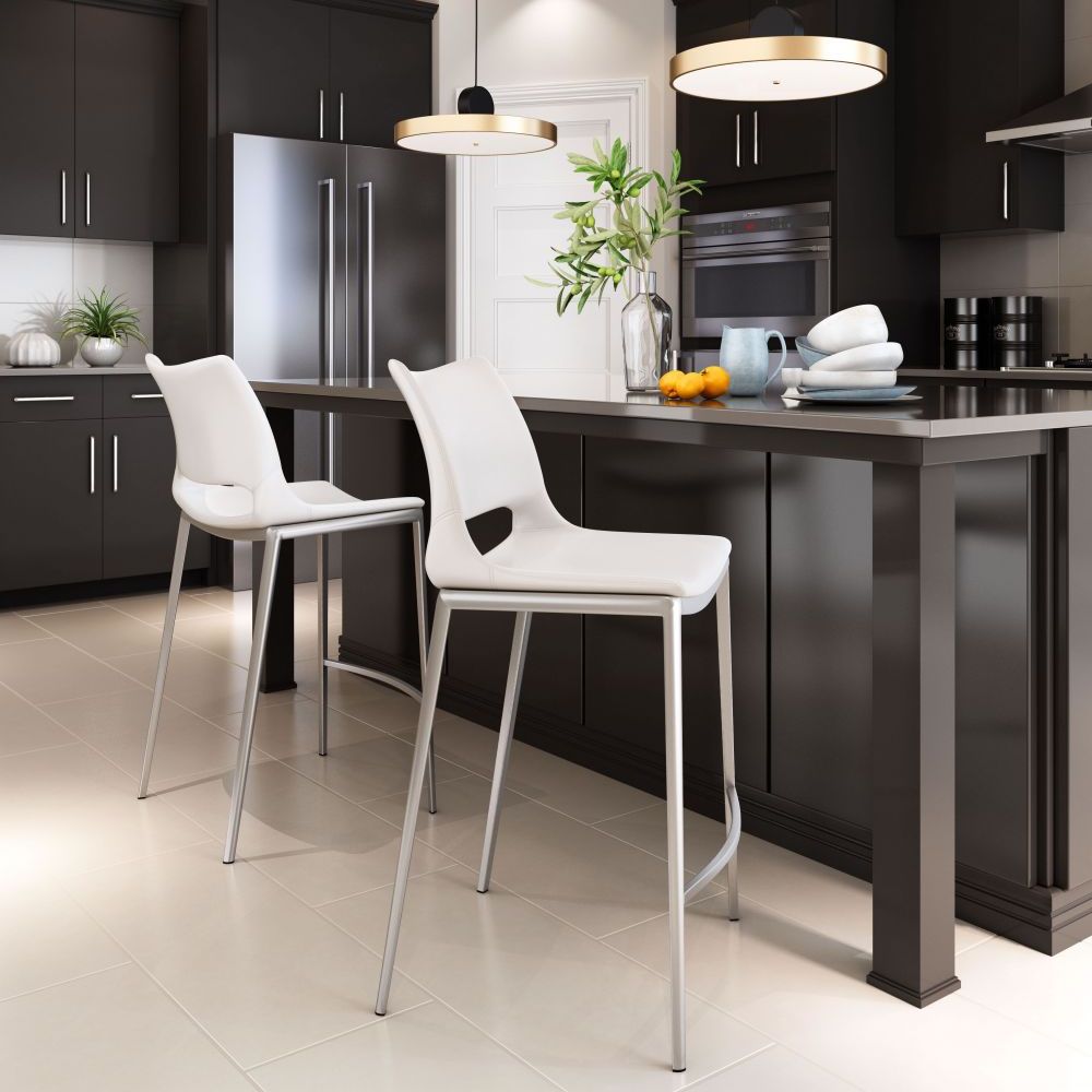 STOOL ZUO ACE 101390 | Counter Stool for Home and Office Space | Silver| White | 100% Polyurethane | Faux Leather | Inside | Bar Restaurant Cafetería Food Court Bar Breakfast Kitchen Bistro Office Space Set