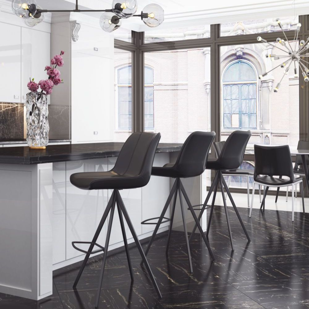 STOOL ZUO AKI 101289 | Kitchen Counter Barstool | Black | 100% Polyurethane | Faux Leather | Inside | Bar Restaurant Cafetería Food Court Bar Breakfast Kitchen Bistro Set