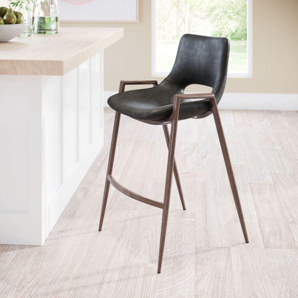 STOOL ZUO DESI 101691 | Counter Stool for Kitchen Dining Area | Black, Walnut | 100% Polyurethane | Faux Leather | Inside | Bar Restaurant Cafetería Food Court Bar Breakfast Kitchen Bistro Set