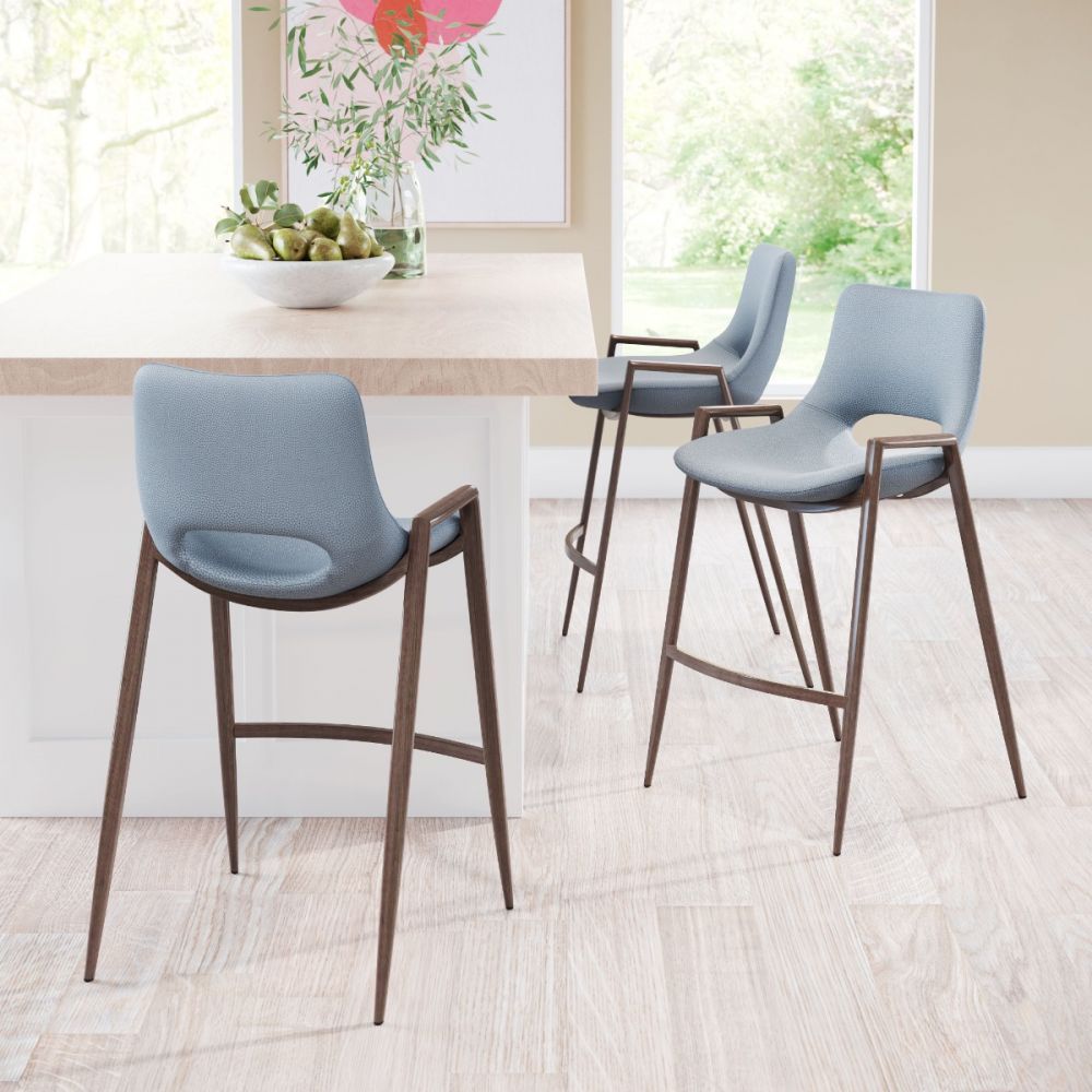 STOOL ZUO DESI 101692 | Counter Stool for Kitchen Dining Area | Blue Gray Walnut | 100% Polyurethane | Faux Leather | Inside | Bar Restaurant Cafetería Food Court Bar Breakfast Kitchen Bistro Set