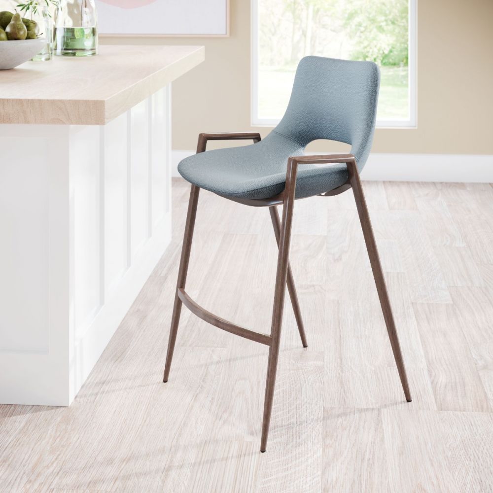 STOOL ZUO DESI 101692 | Counter Stool for Kitchen Dining Area | Blue Gray Walnut | 100% Polyurethane | Faux Leather | Inside | Bar Restaurant Cafetería Food Court Bar Breakfast Kitchen Bistro Set
