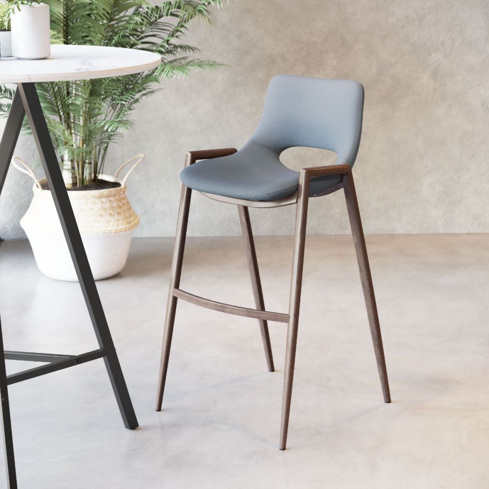 STOOL ZUO DESI 101698 | Counter Stool for Kitchen Dining Area | Blue Gray Walnut | 100% Polyurethane | Faux Leather | Inside | Bar Restaurant Cafetería Food Court Bar Breakfast Kitchen Bistro Set