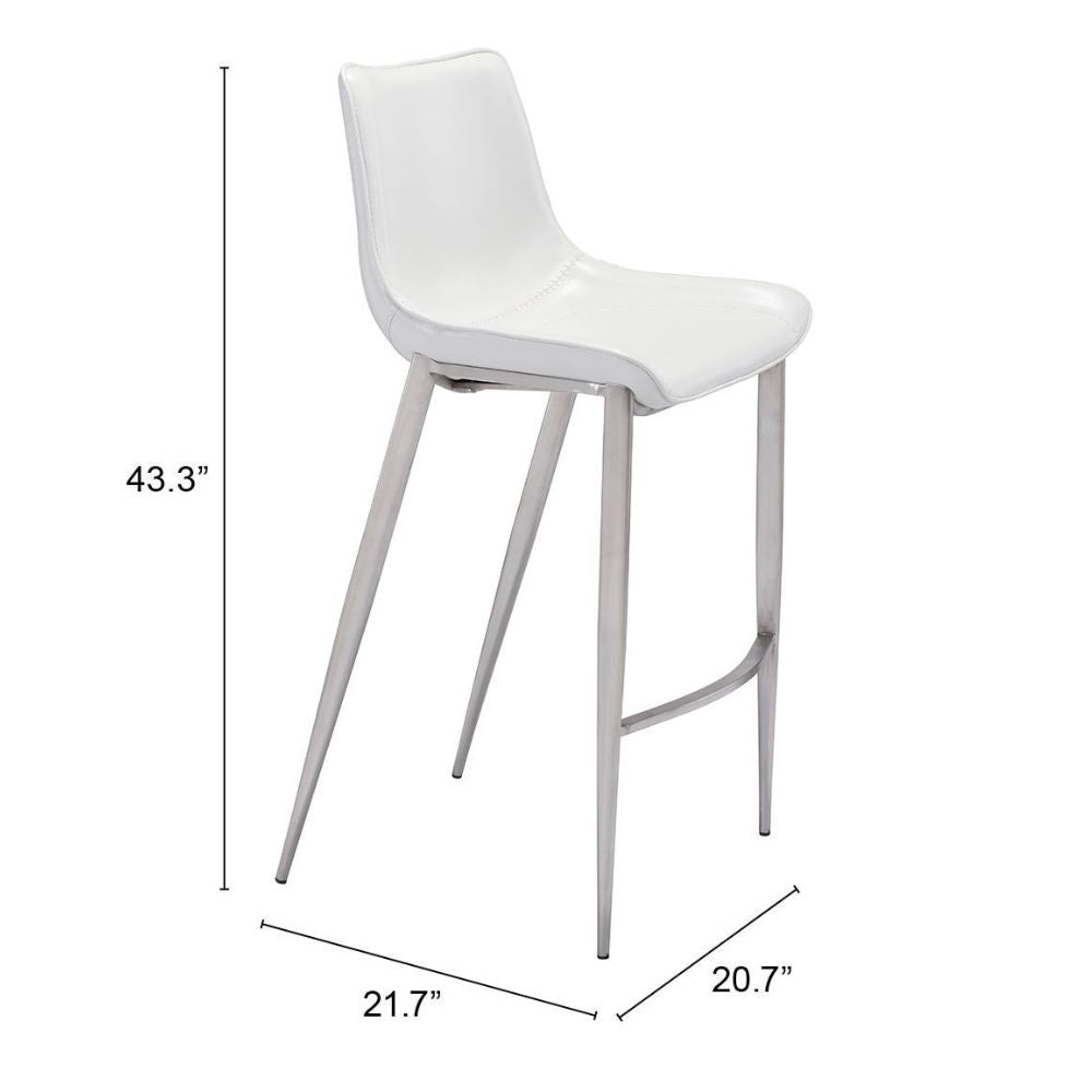 STOOL ZUO MAGNUS 101275 | Barstool | White | Silver | 100% Polyurethane | Faux Leather | Inside | Interior Bar Restaurant Cafetería Food Court Bar Breakfast Kitchen Bistro