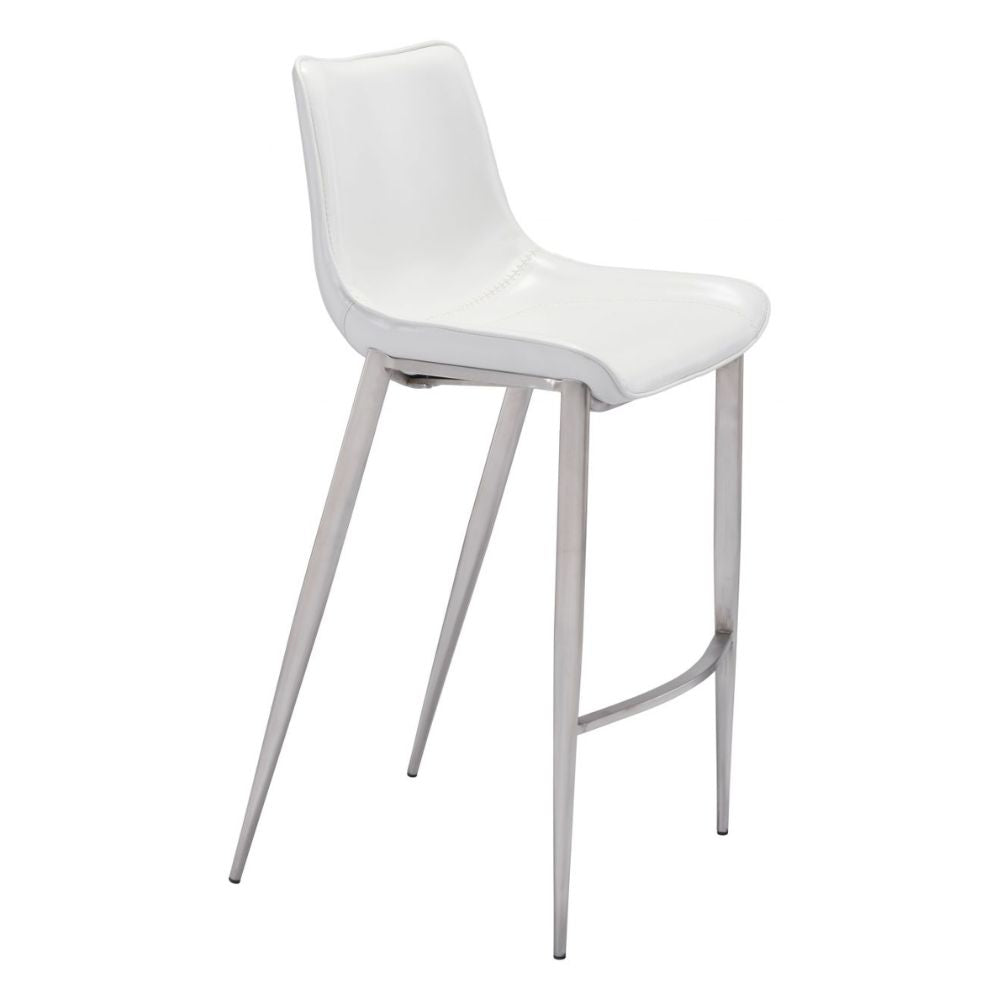 STOOL ZUO MAGNUS 101275 | Barstool | White | Silver | 100% Polyurethane | Faux Leather | Inside | Interior Bar Restaurant Cafetería Food Court Bar Breakfast Kitchen Bistro