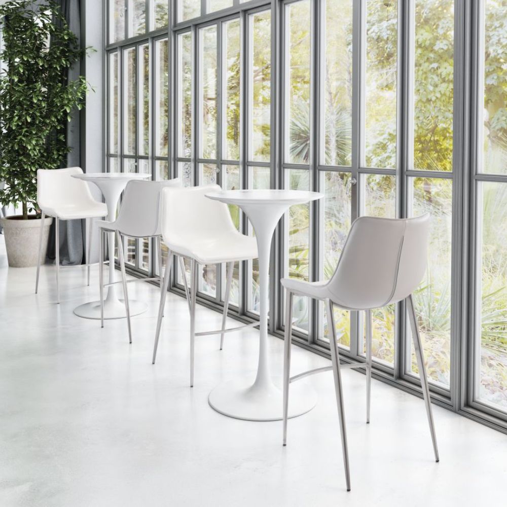 STOOL ZUO MAGNUS 101275 | Barstool | White | Silver | 100% Polyurethane | Faux Leather | Inside | Interior Bar Restaurant Cafetería Food Court Bar Breakfast Kitchen Bistro Set