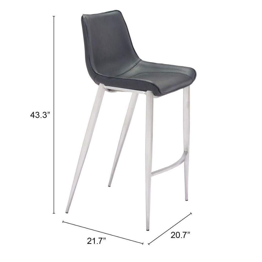 STOOL ZUO MAGNUS 101276 | Barstool | Black | Silver | 100% Polyurethane | Faux Leather | Inside | Interior Bar Restaurant Cafetería Food Court Bar Breakfast Kitchen Bistro