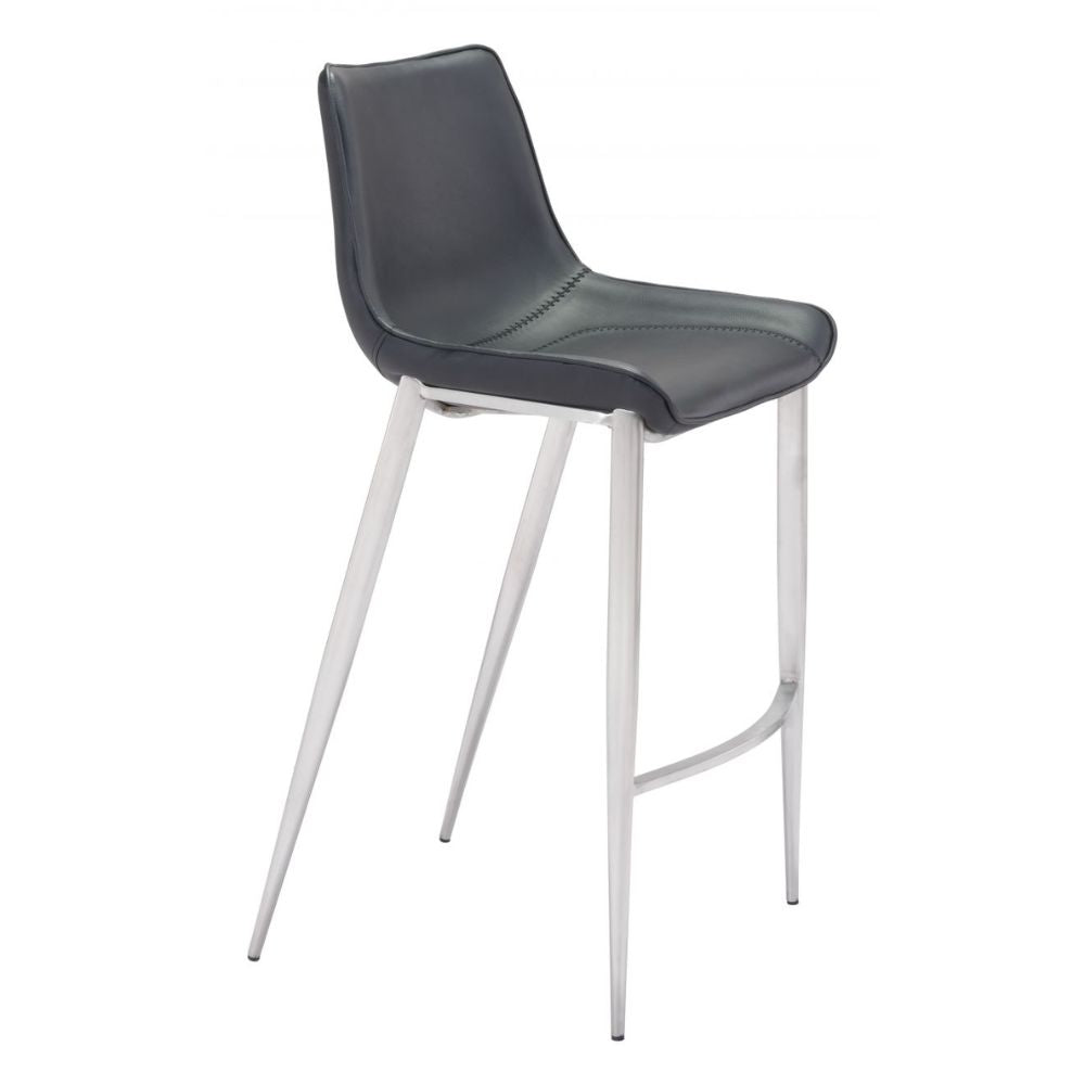 STOOL ZUO MAGNUS 101276 | Barstool | Black | Silver | 100% Polyurethane | Faux Leather | Inside | Interior Bar Restaurant Cafetería Food Court Bar Breakfast Kitchen Bistro