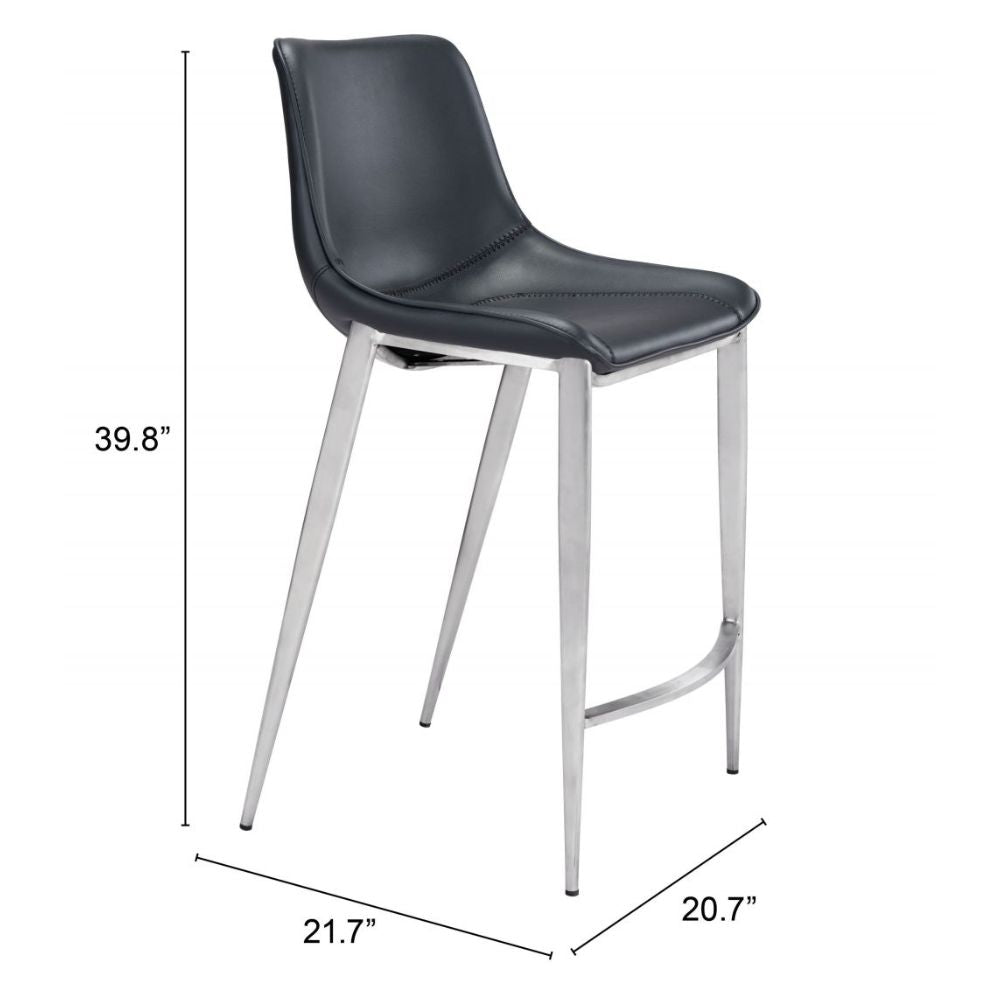 STOOL ZUO MAGNUS 101409 | Counter Stool for Kitchen and Bars | Silver Black | 100% Polyurethane | Fax Leather | Inside | Bar Restaurant Cafetería Food Court Bar Breakfast Kitchen Bistro Office Space