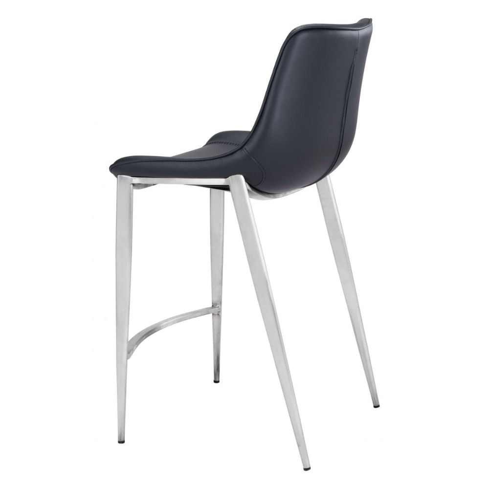 STOOL ZUO MAGNUS 101409 | Counter Stool for Kitchen and Bars | Silver Black | 100% Polyurethane | Fax Leather | Inside | Bar Restaurant Cafetería Food Court Bar Breakfast Kitchen Bistro Office Space