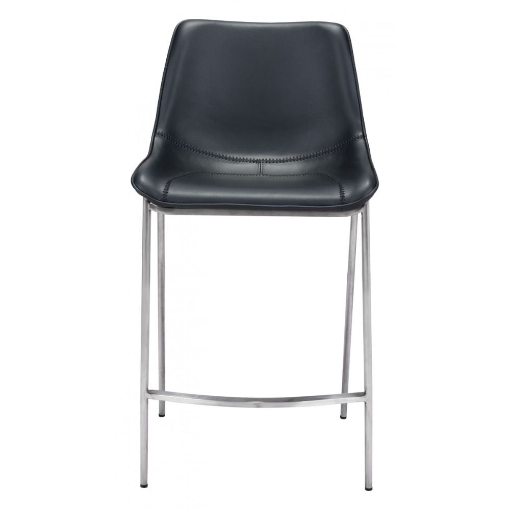 STOOL ZUO MAGNUS 101409 | Counter Stool for Kitchen and Bars | Silver Black | 100% Polyurethane | Fax Leather | Inside | Bar Restaurant Cafetería Food Court Bar Breakfast Kitchen Bistro Office Space