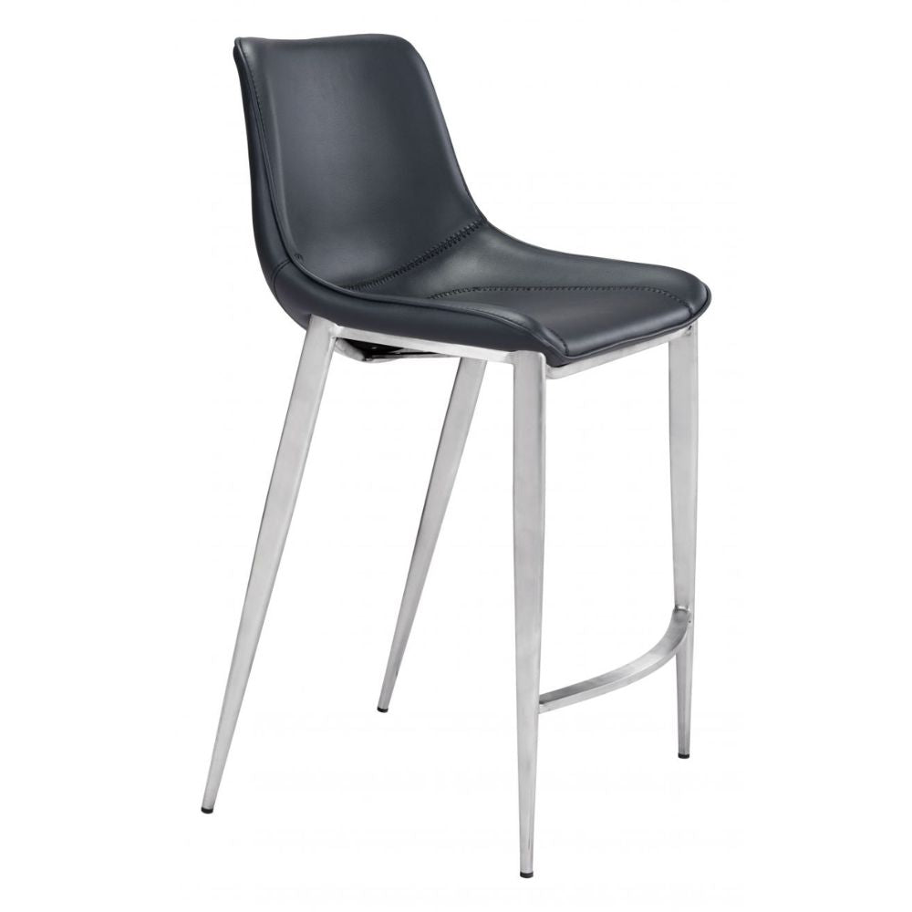STOOL ZUO MAGNUS 101409 | Counter Stool for Kitchen and Bars | Silver Black | 100% Polyurethane | Fax Leather | Inside | Bar Restaurant Cafetería Food Court Bar Breakfast Kitchen Bistro Office Space