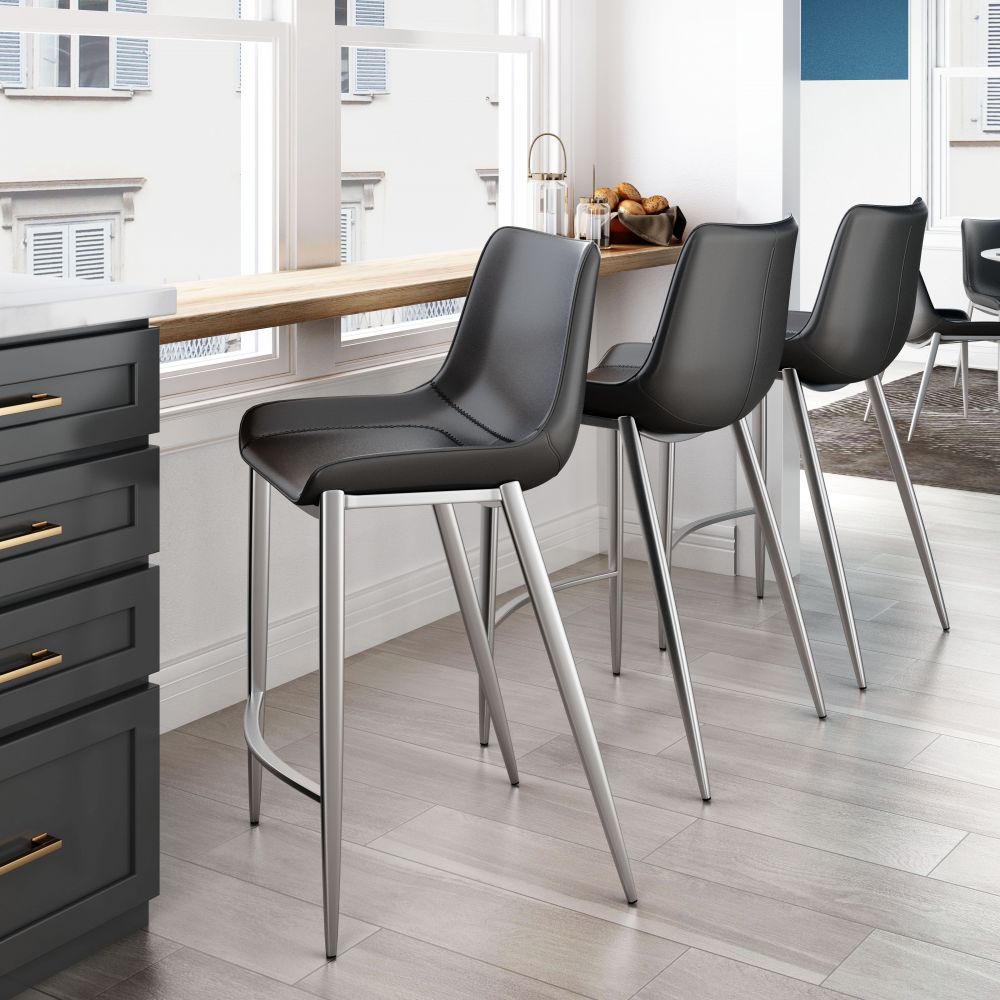 STOOL ZUO MAGNUS 101409 | Counter Stool for Kitchen and Bars | Silver Black | 100% Polyurethane | Fax Leather | Inside | Bar Restaurant Cafetería Food Court Bar Breakfast Kitchen Bistro Office Space Set