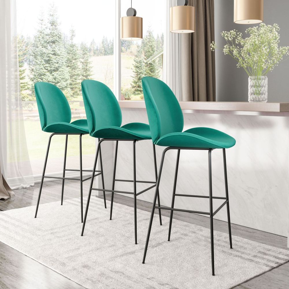 STOOL ZUO MILES 101750 | Counter Stool for Home and Bar | Green Black | 100% Polyester | Fabric Velvet | Inside | Bar Restaurant Cafetería Food Court Bar Breakfast Kitchen Bistro Office Space Set