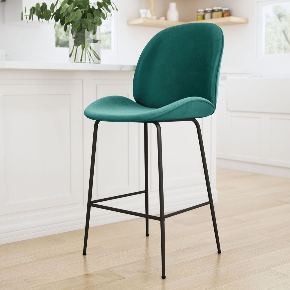 STOOL ZUO MILES 101751 | Counter Stool for Home and Bar | Green Black | 100% Polyester | Fabric Velvet | Inside | Bar Restaurant Cafetería Food Court Bar Breakfast Kitchen Bistro Office Space Set