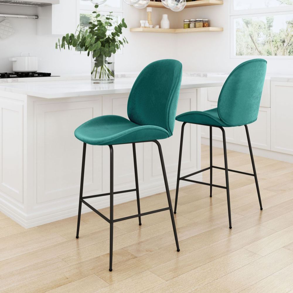 STOOL ZUO MILES 101751 | Counter Stool for Home and Bar | Green Black | 100% Polyester | Fabric Velvet | Inside | Bar Restaurant Cafetería Food Court Bar Breakfast Kitchen Bistro Office Space Set
