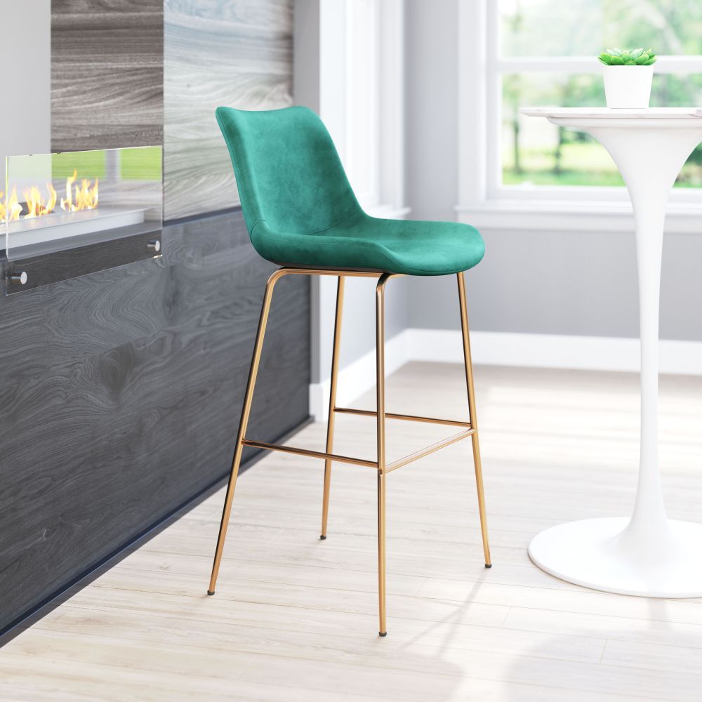 STOOL ZUO TONY 101757 | Barstool for Kitchen and Bar | Gold Green | 100% Polyester | Fabric Velvet | Inside | Bar Restaurant Cafetería Food Court Bar Breakfast Kitchen Bistro Office Space Set