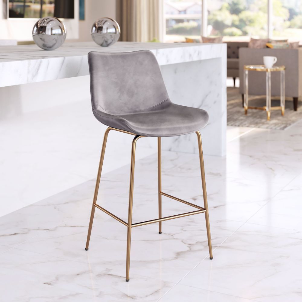 STOOL ZUO TONY 101761 | Counter Stool for Kitchen and Bar | Gold Gray | 100% Polyester | Fabric Velvet | Inside | Bar Restaurant Cafetería Food Court Bar Breakfast Kitchen Bistro Office Space Set