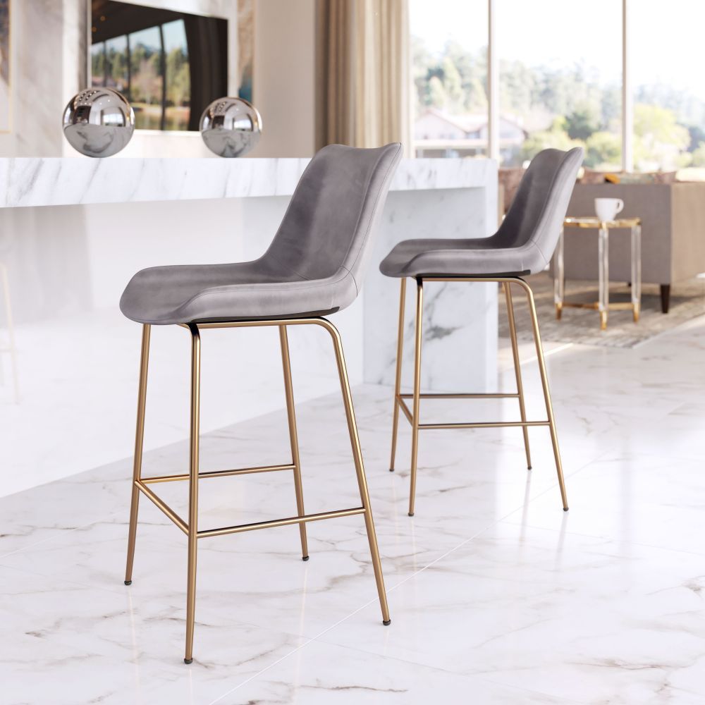 STOOL ZUO TONY 101761 | Counter Stool for Kitchen and Bar | Gold Gray | 100% Polyester | Fabric Velvet | Inside | Bar Restaurant Cafetería Food Court Bar Breakfast Kitchen Bistro Office Space Set
