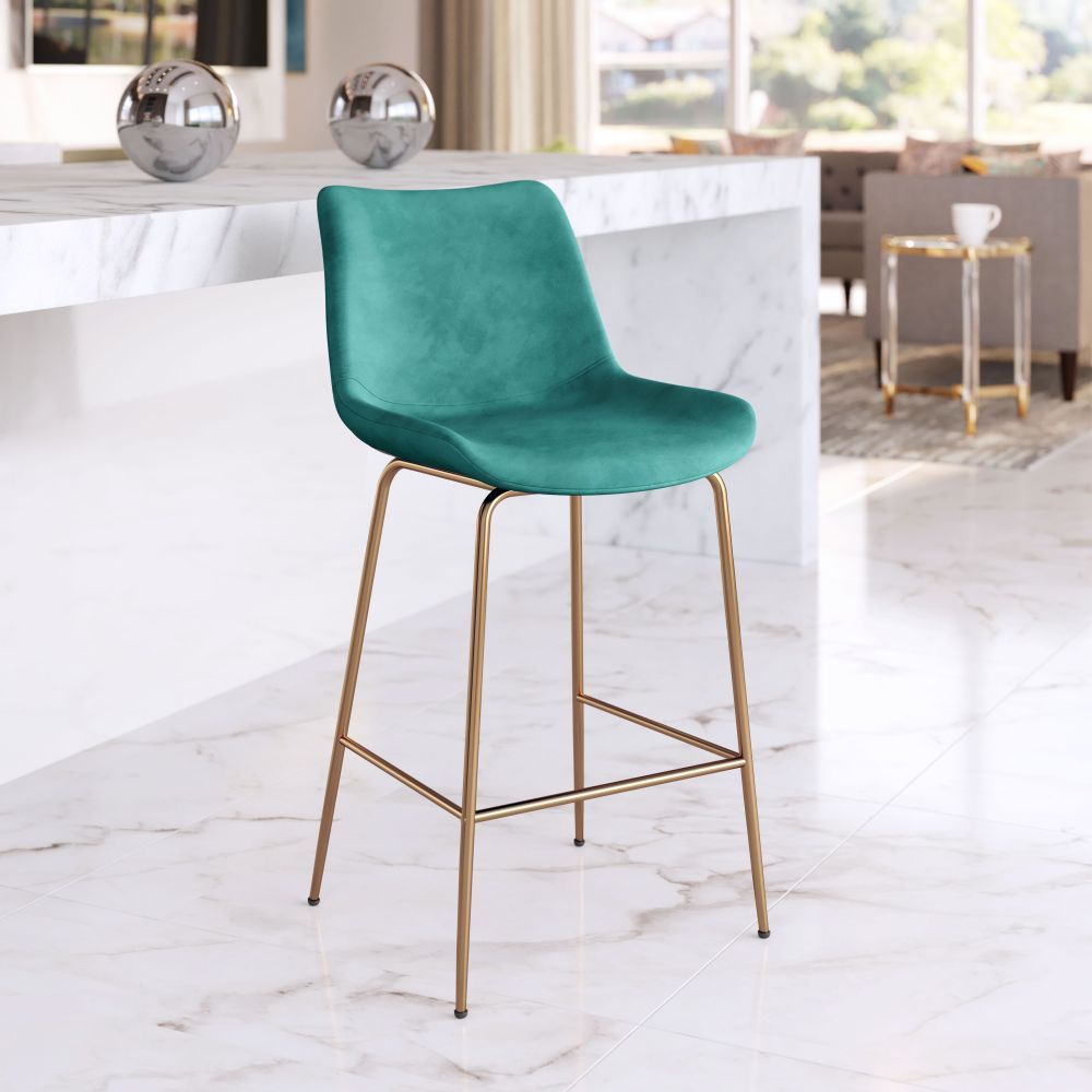 STOOL ZUO TONY 101762 | Counter Stool for Kitchen and Bar | Gold Green | 100% Polyester | Fabric Velvet | Inside| Bar Restaurant Cafetería Food Court Bar Breakfast Kitchen Bistro Office Space Set