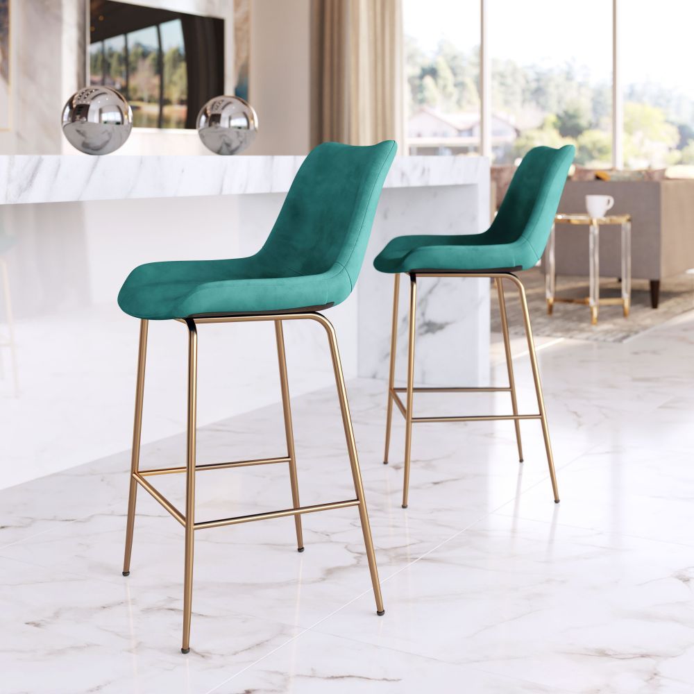 STOOL ZUO TONY 101762 | Counter Stool for Kitchen and Bar | Gold Green | 100% Polyester | Fabric Velvet | Inside| Bar Restaurant Cafetería Food Court Bar Breakfast Kitchen Bistro Office Space Set