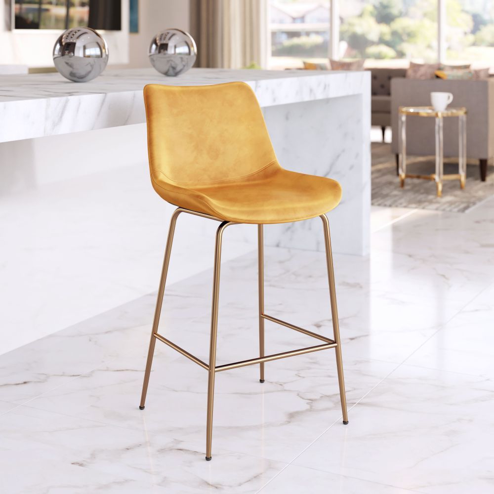 STOOL ZUO TONY 101763 | Counter Stool for Kitchen and Bar | Gold Yellow | 100% Polyester | Fabric Velvet | Inside | Bar Restaurant Cafetería Food Court Bar Breakfast Kitchen Bistro Office Space Set