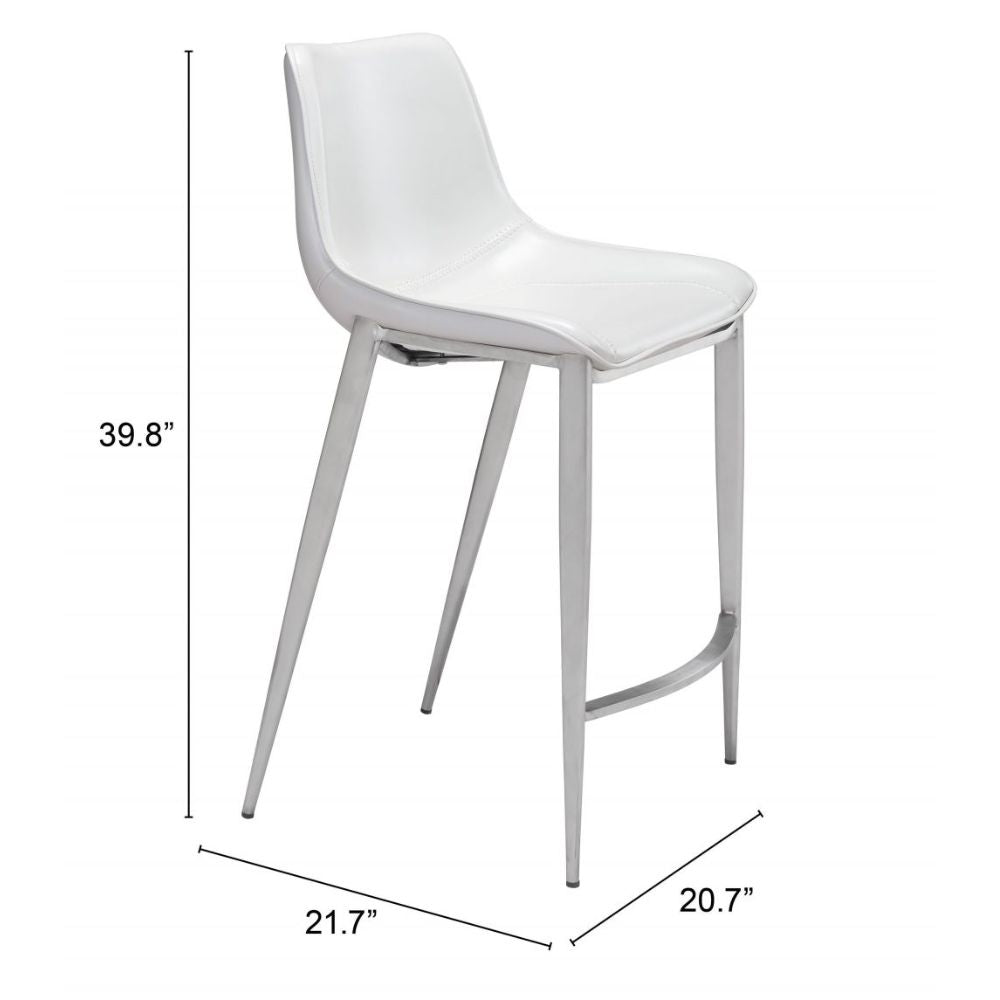 STOOL ZUO MAGNUS 101408 | Counter Stool for Kitchen and Bars | Silver White | 100% Polyurethane | Faux Leather | Inside | Bar Restaurant Cafetería Food Court Bar Breakfast Kitchen Bistro Office Space