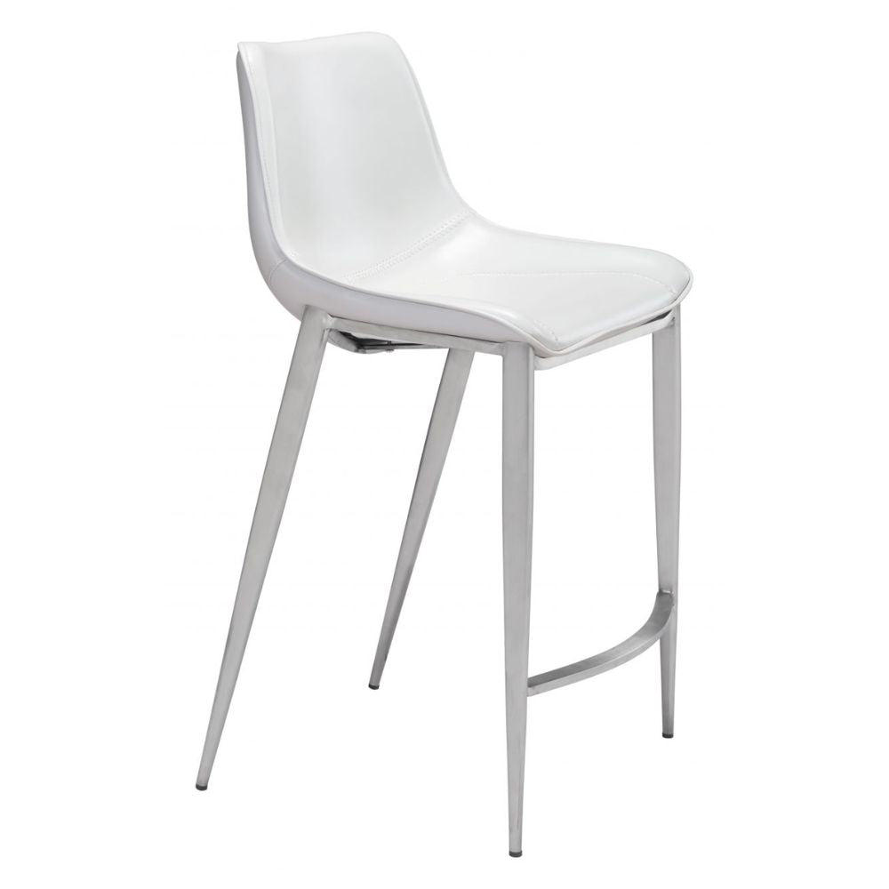 STOOL ZUO MAGNUS 101408 | Counter Stool for Kitchen and Bars | Silver White | 100% Polyurethane | Faux Leather | Inside | Bar Restaurant Cafetería Food Court Bar Breakfast Kitchen Bistro Office Space