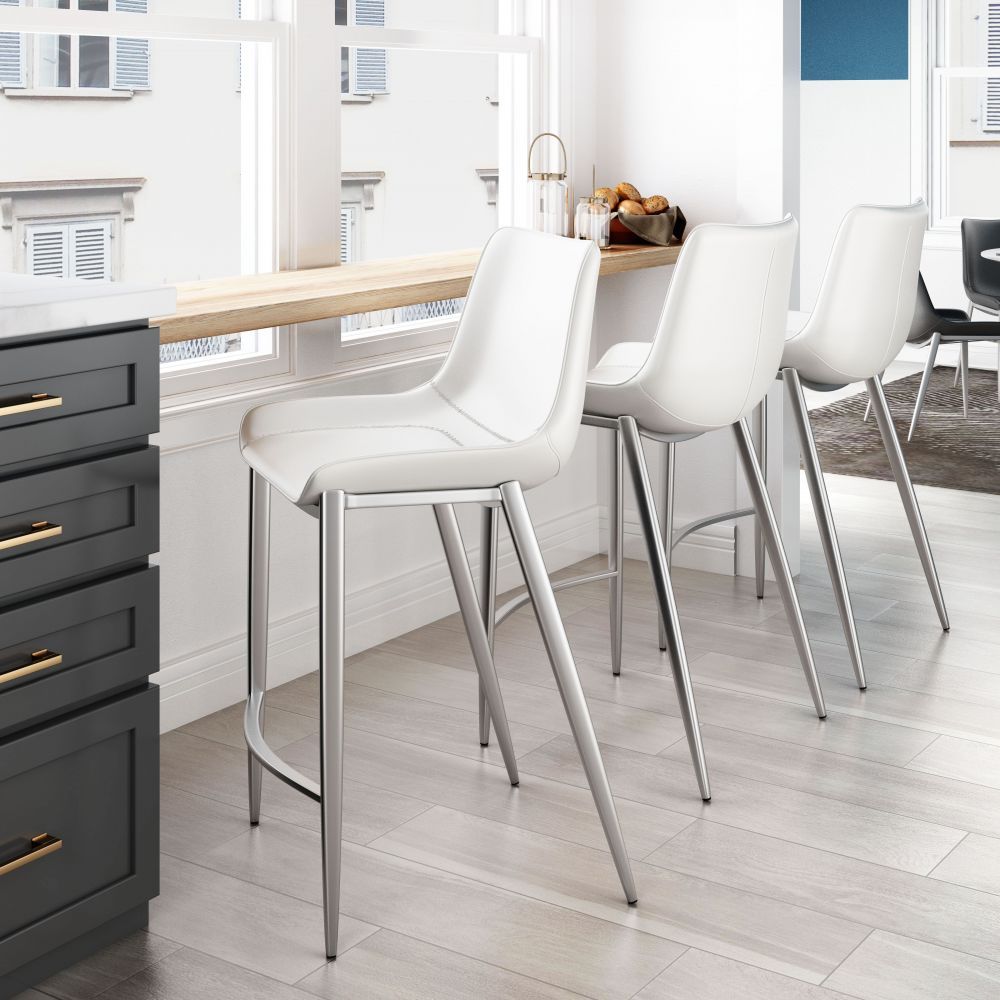STOOL ZUO MAGNUS 101408 | Counter Stool for Kitchen and Bars | Silver White | 100% Polyurethane | Faux Leather | Inside | Bar Restaurant Cafetería Food Court Bar Breakfast Kitchen Bistro Office Space Set