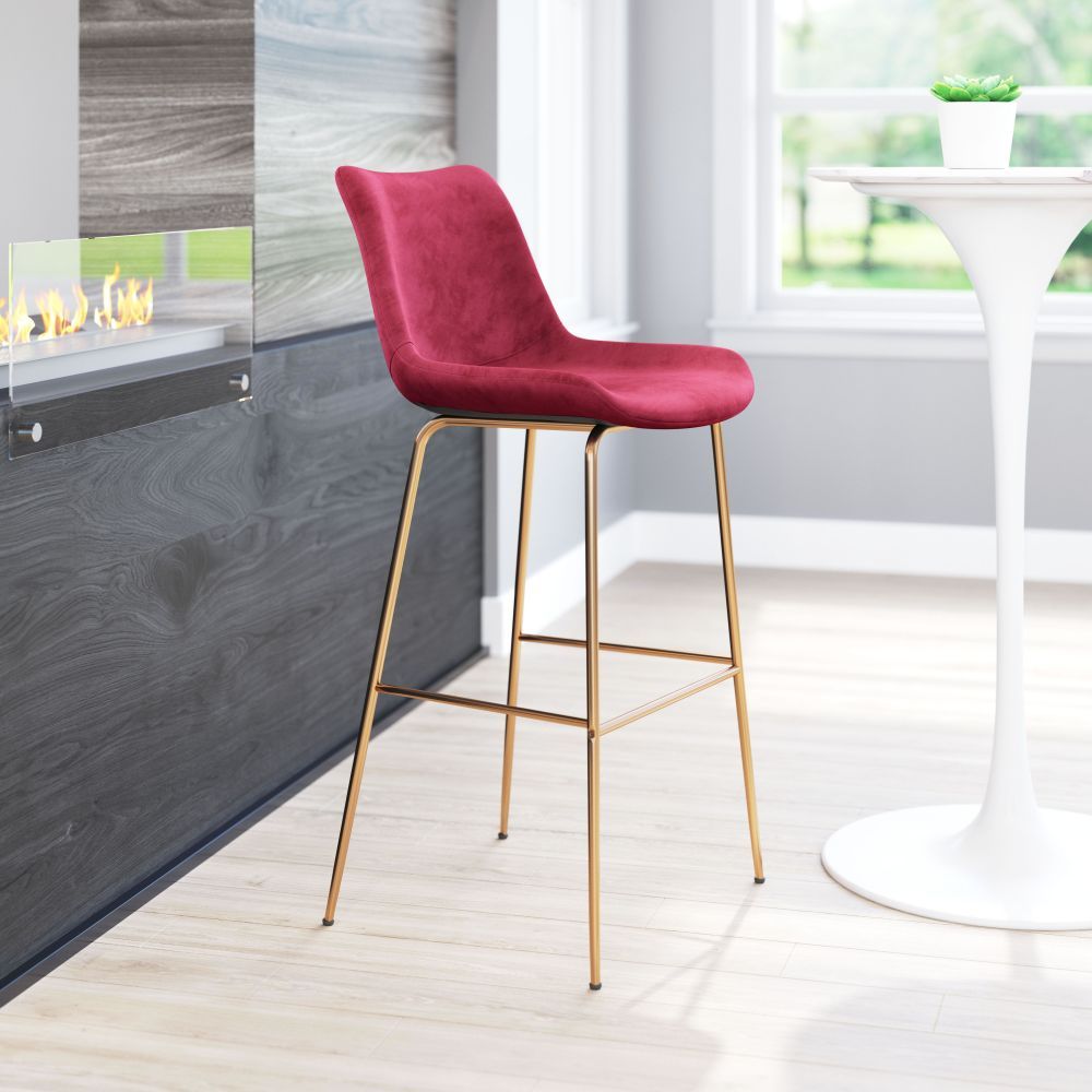 STOOL ZUO TONY 101759  | Barstool for Kitchen and Bar | Gold Red | 100% Polyester | Fabric Velvet | Inside | Bar Restaurant Cafetería Food Court Bar Breakfast Kitchen Bistro Office Space Set