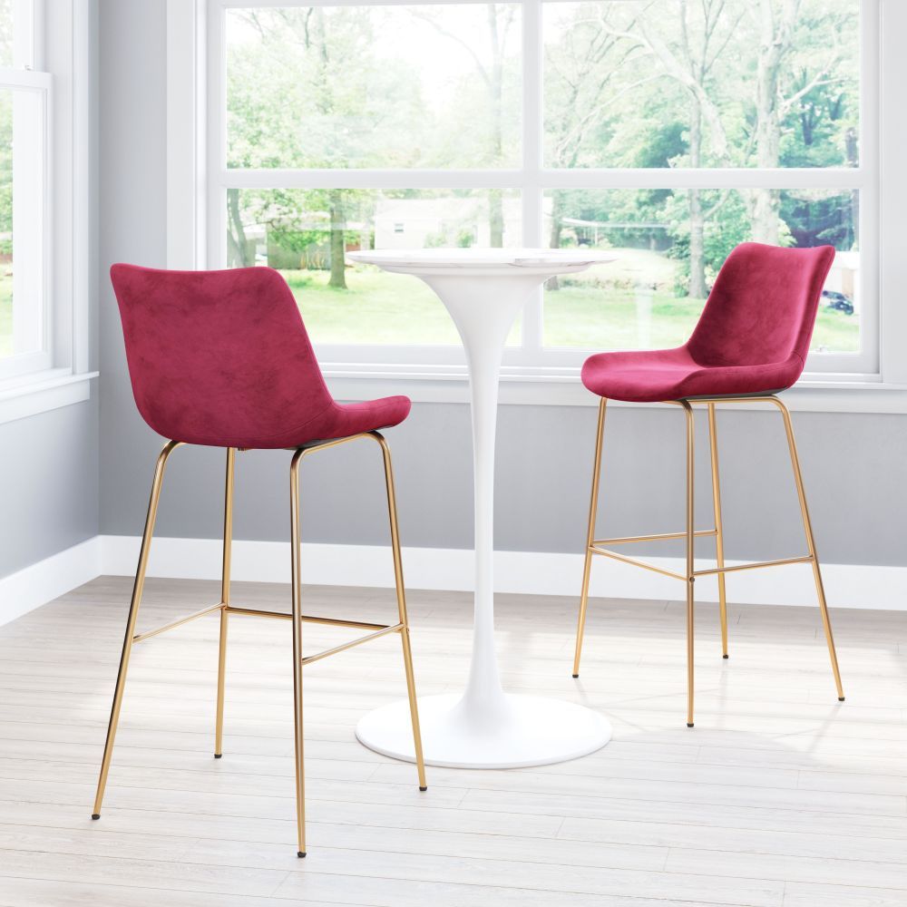 STOOL ZUO TONY 101759  | Barstool for Kitchen and Bar | Gold Red | 100% Polyester | Fabric Velvet | Inside | Bar Restaurant Cafetería Food Court Bar Breakfast Kitchen Bistro Office Space Set